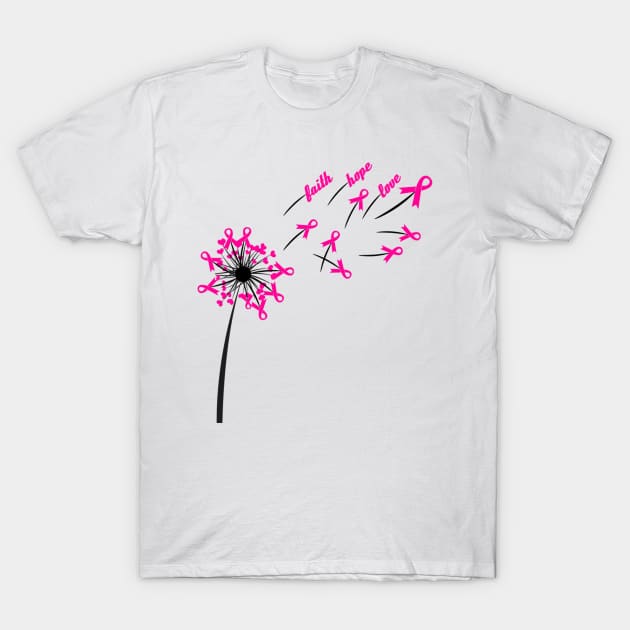 Dandelion Faith Hope Love Breast Cancer Awareness Flower T-shirt , October Ribbon Pink Design T-Shirt by OsOsgermany